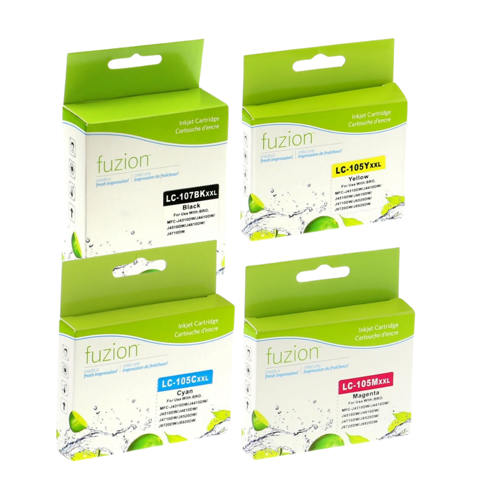 Multipack d’encres compatibles Brother LC107/LC105 Premium Ink, incluant les couleurs noir, cyan, magenta et jaune, pour des impressions de qualité à haut rendement