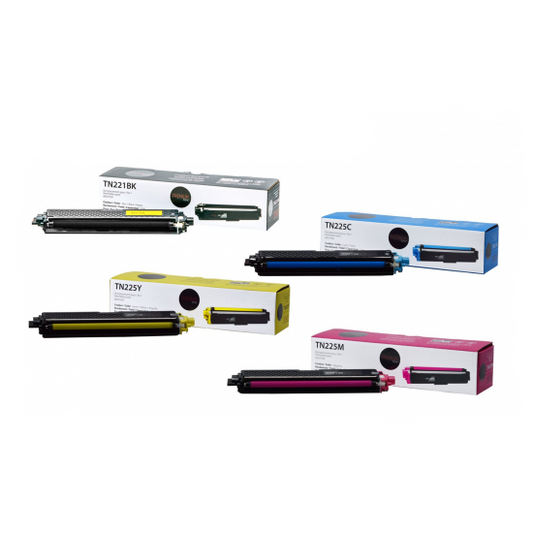 Ensemble de toners compatibles Brother TN-221 et TN-225 Premium Tone, offrant un rendement élevé de 2500 pages en noir et 2200 pages en couleur (cyan, magenta, jaune). Idéal pour des impressions nettes et professionnelles sur les imprimantes DCP-9020CDN, HL-3140CW, HL-3150CDN, HL-3170CDW, HL-3180CDW, MFC-9130CW, MFC-9330CDW, MFC-9340CDW