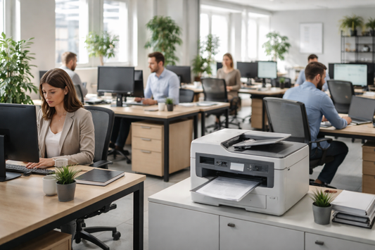 Bureau professionnel avec postes de travail et imprimantes pour PME