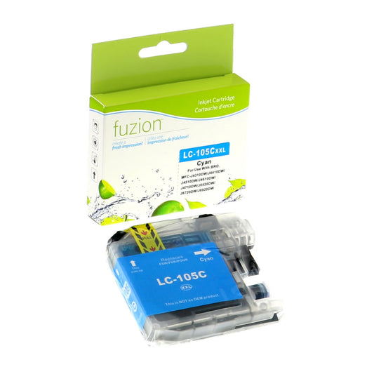 Cartouche d’encre cyan compatible Brother LC105 de marque Fuzion, rendement de 1200 pages, pour imprimantes MFC-J4310DW à J6920DW