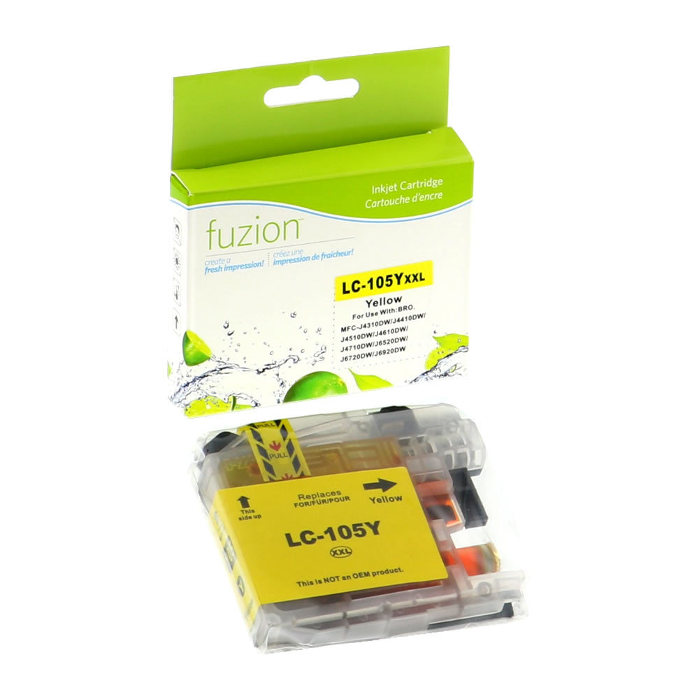 Cartouche d’encre jaune compatible Brother LC105 de marque Fuzion, rendement de 1200 pages, pour imprimantes MFC-J4310DW à J6920DW