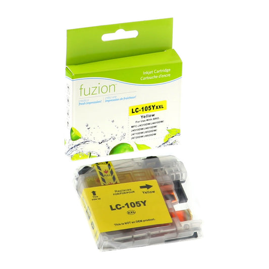 Cartouche d’encre jaune compatible Brother LC105 de marque Fuzion, rendement de 1200 pages, pour imprimantes MFC-J4310DW à J6920DW
