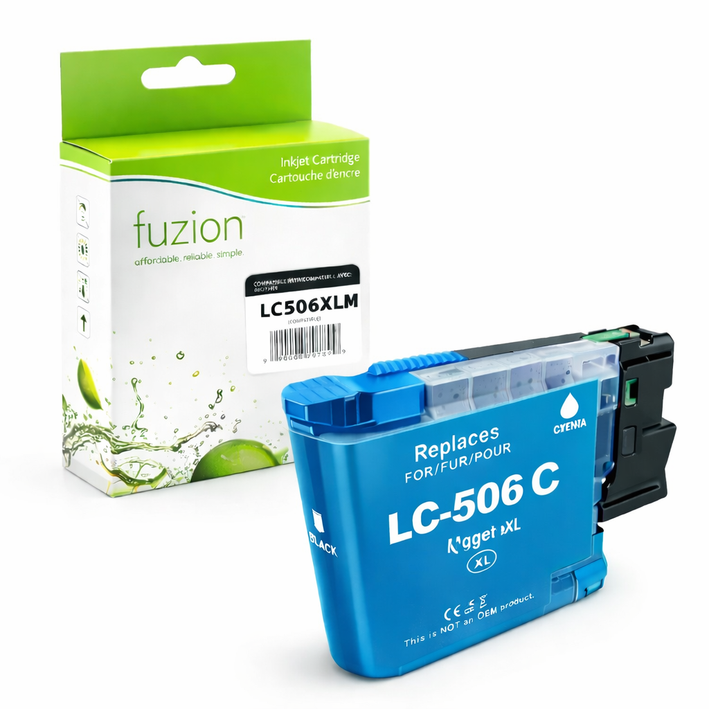 Cartouche d’encre Brother LC506XLCS compatible Fuzion cyan rendement 1500 pages pour MFC J4355DW MFC J4555DW MFC J4557DW
Brother LC506XLCS compatible cyan ink cartridge 1500 pages for Brother printers