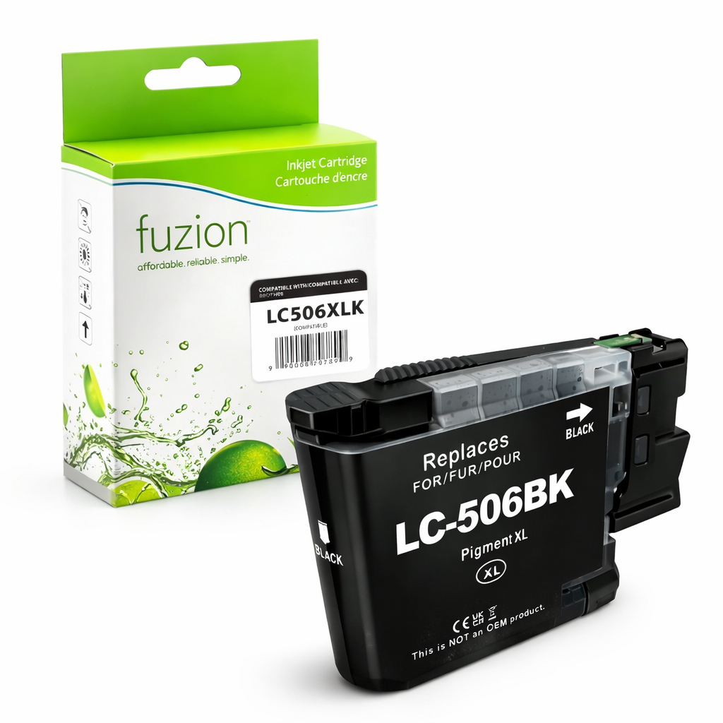 Cartouche d’encre Brother LC506XLKS compatible Fuzion noire rendement 2500 pages pour MFC J4355DW MFC J4555DW MFC J4557DW
Brother LC506XLKS compatible black ink cartridge 2500 pages for Brother printers