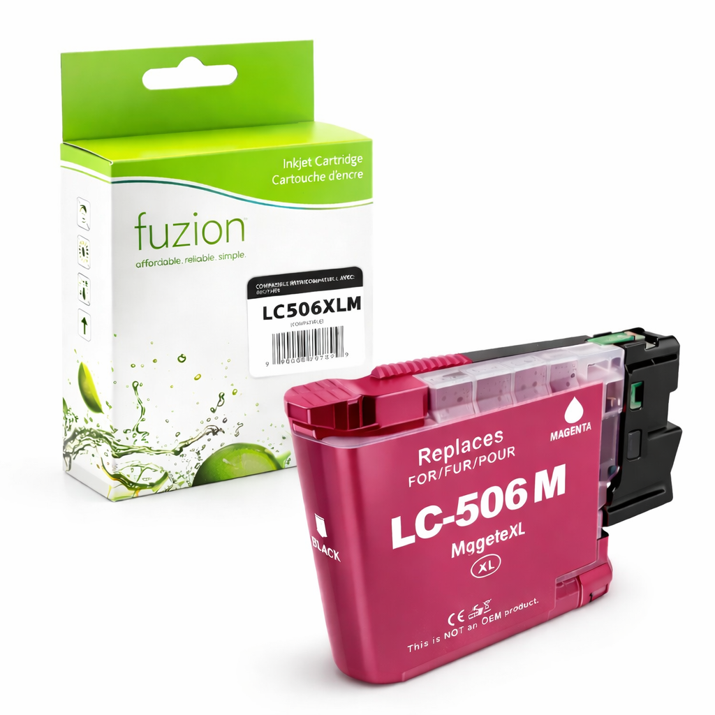 Cartouche d’encre Brother LC506XLMS compatible Fuzion magenta rendement 1500 pages pour MFC J4355DW MFC J4555DW MFC J4557DW
Brother LC506XLMS compatible magenta ink cartridge 1500 pages for Brother printers