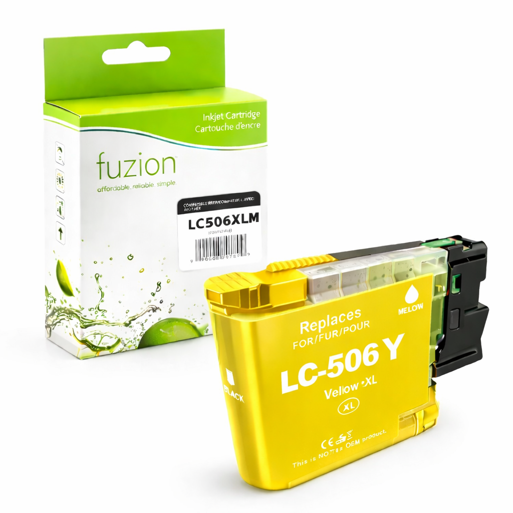 Cartouche d’encre Brother LC506XLYS compatible Fuzion jaune rendement 1500 pages pour MFC J4355DW MFC J4555DW MFC J4557DW
Brother LC506XLYS compatible yellow ink cartridge 1500 pages for Brother printers