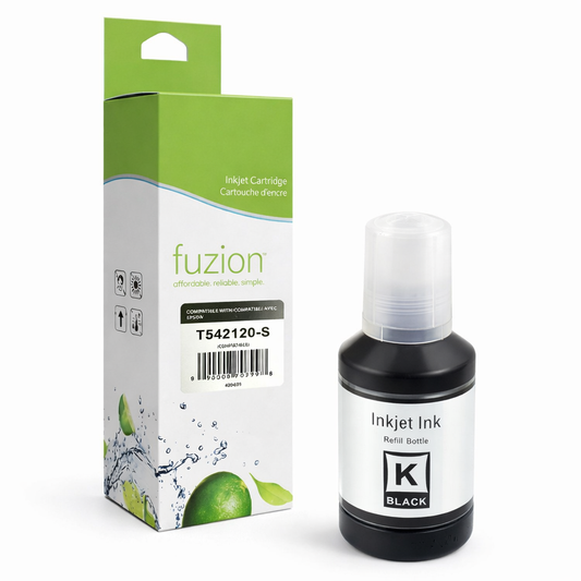 Bouteille d’encre Epson T542120-S compatible Fuzion noire rendement 7500 pages pour imprimantes EcoTank
Epson T542120-S compatible black ink bottle 7500 pages for EcoTank printers