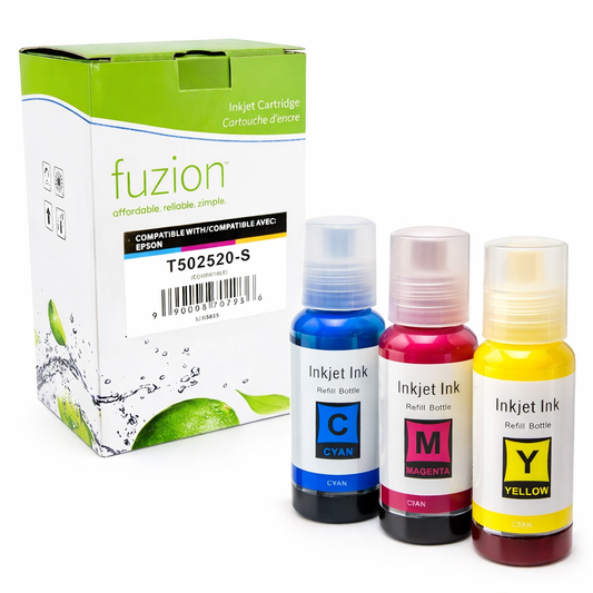 Ensemble de bouteilles d’encre Epson T542520-S compatible Fuzion cyan magenta jaune 6000 pages pour imprimantes EcoTank
Epson T542520-S compatible C M Y ink bottle set 6000 pages for EcoTank printers