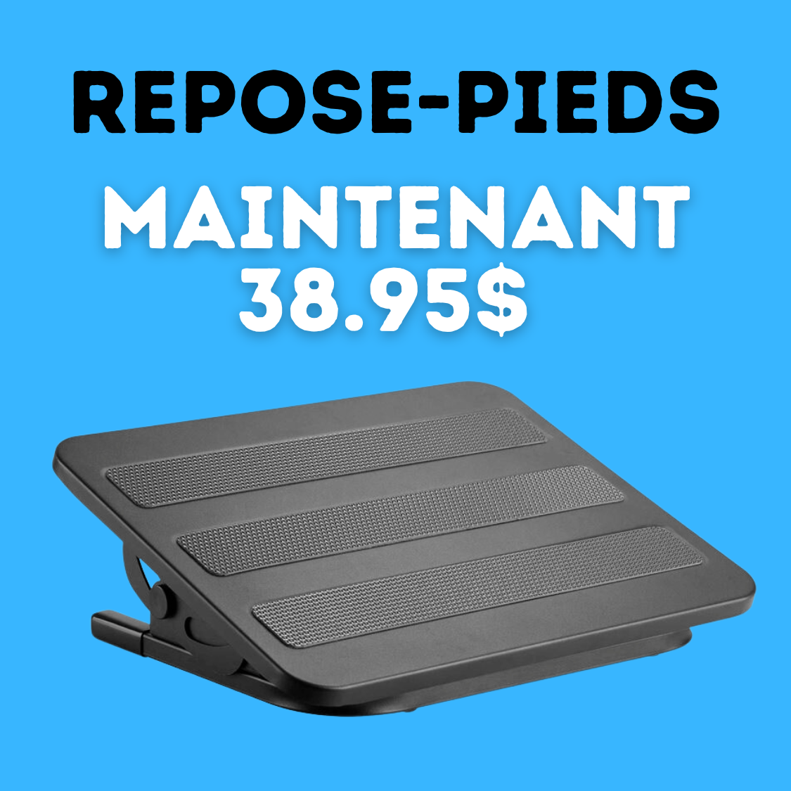 Repose-pieds ergonomique noir réglable en acier avec plateforme inclinable et patins antidérapants, ergonomic adjustable footrest black steel office comfort