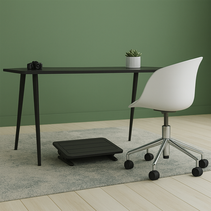 Repose-pieds ergonomique noir en acier, réglable avec plateforme inclinable et patins antidérapants pour un confort optimal au bureau