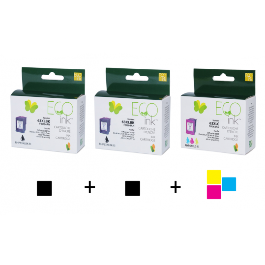 Combo HP 63XL (2 black + 1 color) recycled Ecoink
